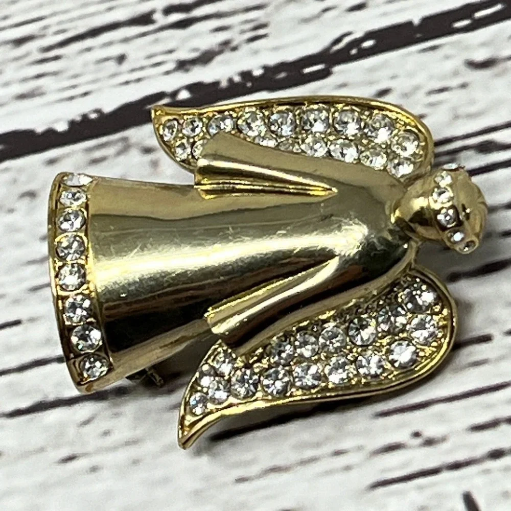 Vintage Monet‎ Angel Brooch Gold Tone Crystal Accent Pin